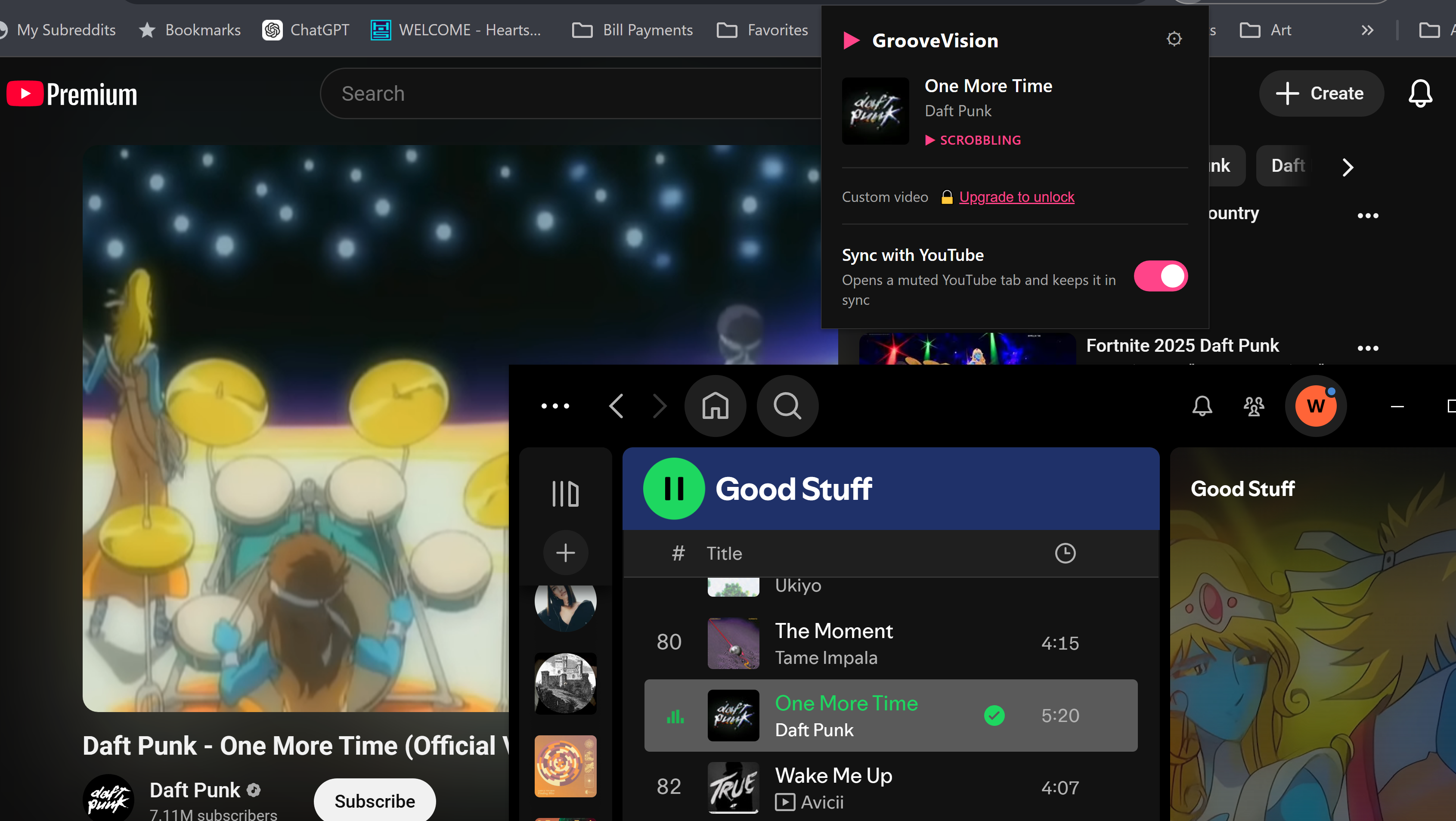 GrooveVision opening a YouTube video for the current track