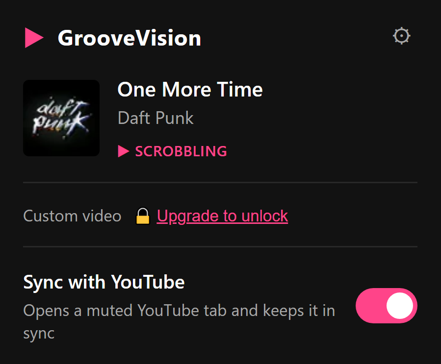 Extension popup showing now-playing track and sync toggle