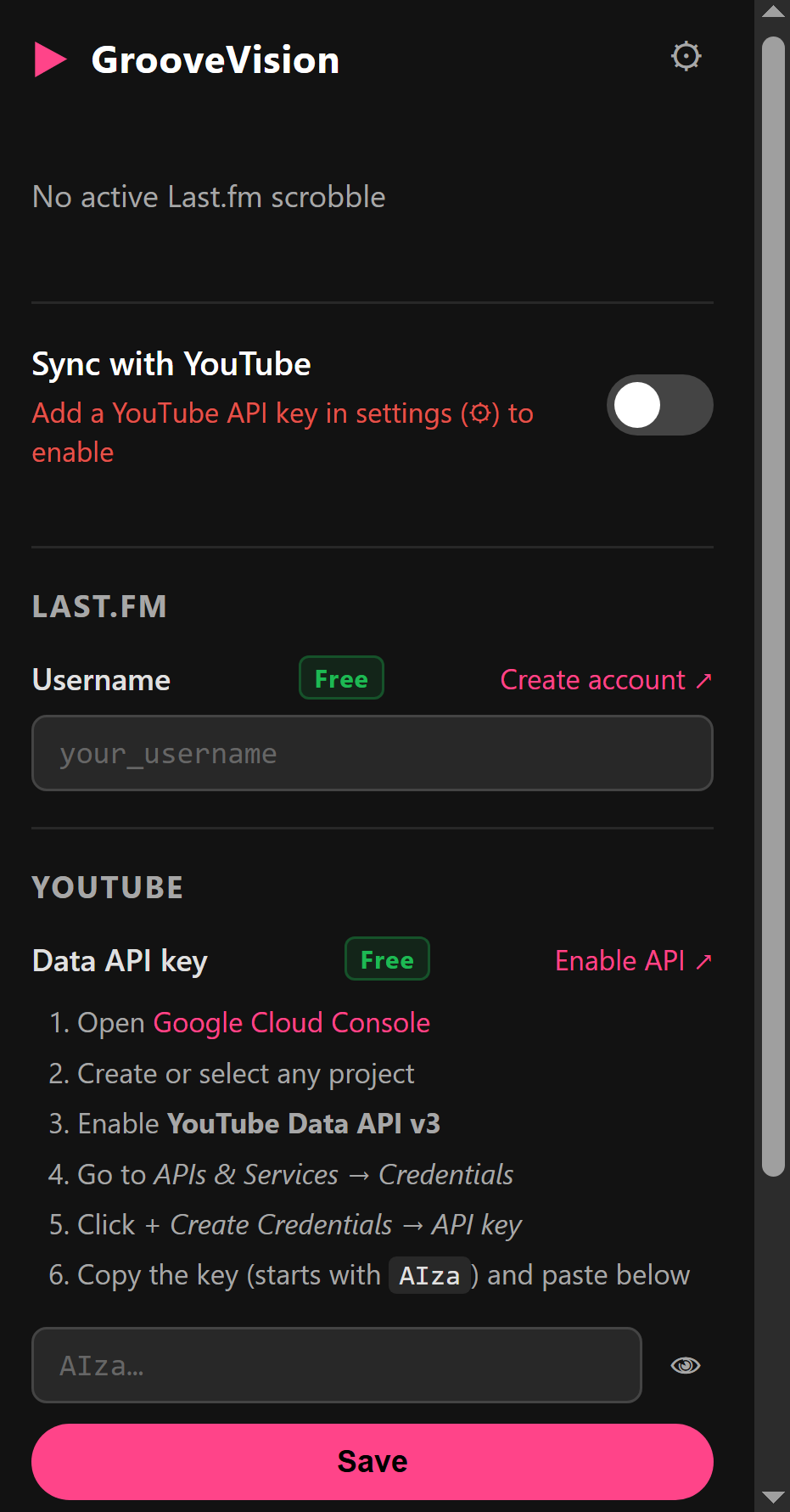 Extension settings panel showing Last.fm username and YouTube API key fields